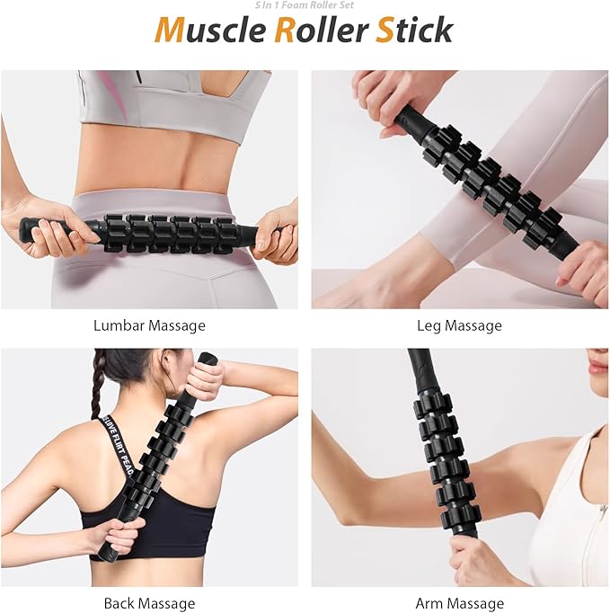 5 in1 Foam Roller Set, Trigger Point Foam Roller, Massage Roller Stick, Massage Ball, Resistance Band for Deep Muscle Massage Pilates Yoga,Fitness Exercise for Whole Body (Black-Red)