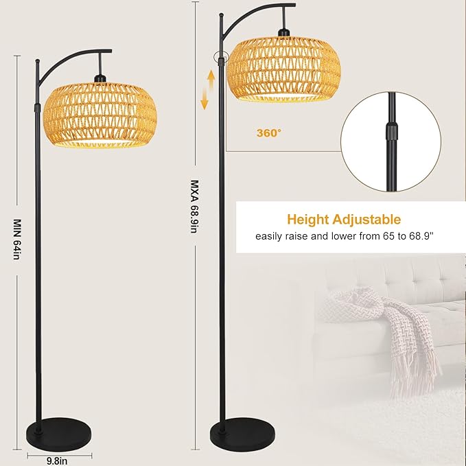 Arc Floor Lamps for Living Room Rattan Boho Floor Lamp with Remote Control,Dimmable LED Floor Lamp Wicker Lamp Shades Black Standing Lamp with 3 Color Temperature Tall Floor Lamps For Bedroom Corner