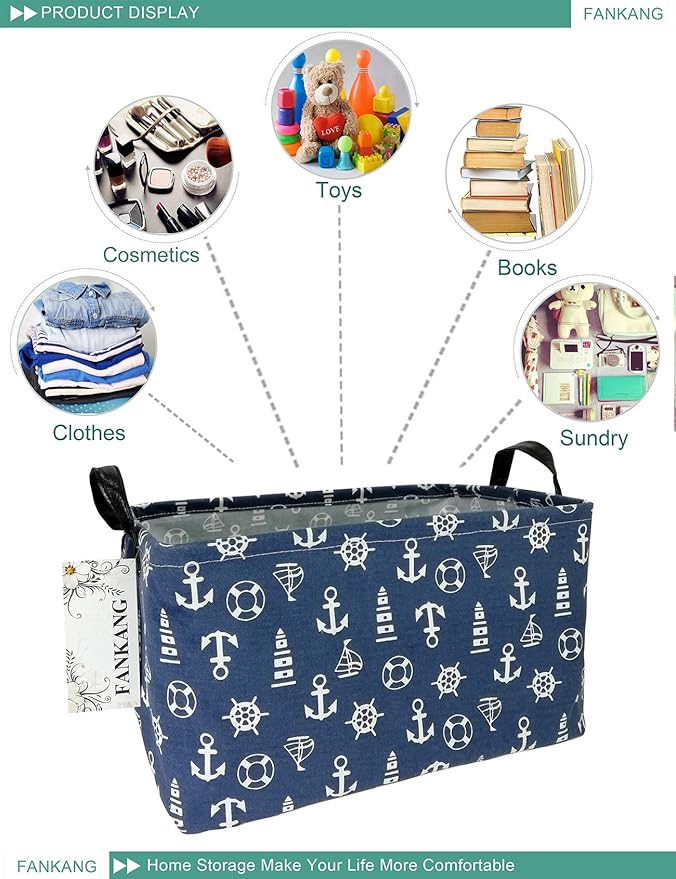 FANKANG Storage Basket,Nursery Hamper Canvas Laundry Basket Foldable with Waterproof PE Coating Storage, Office, Bedroom, Clothes,Toys (Rec-Sailboat)