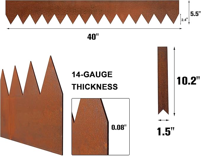 Worth Garden 6 Pack Pre-Rusted Cor-Ten Steel Landscape Edging - 40" L x 5.5" H Each (20ft Total) - No-Dig Hammer-in Heavy Duty 14-Gauge Metal Border w/ 7 Clips & Gloves - Edge for Lawn Yard