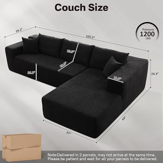 104" Cloud Sectional Couches for Living Room,L Shaped Boneless Couch in A Box,Sleeper Sofa with Comfy Chaise No Assembly Required,Black