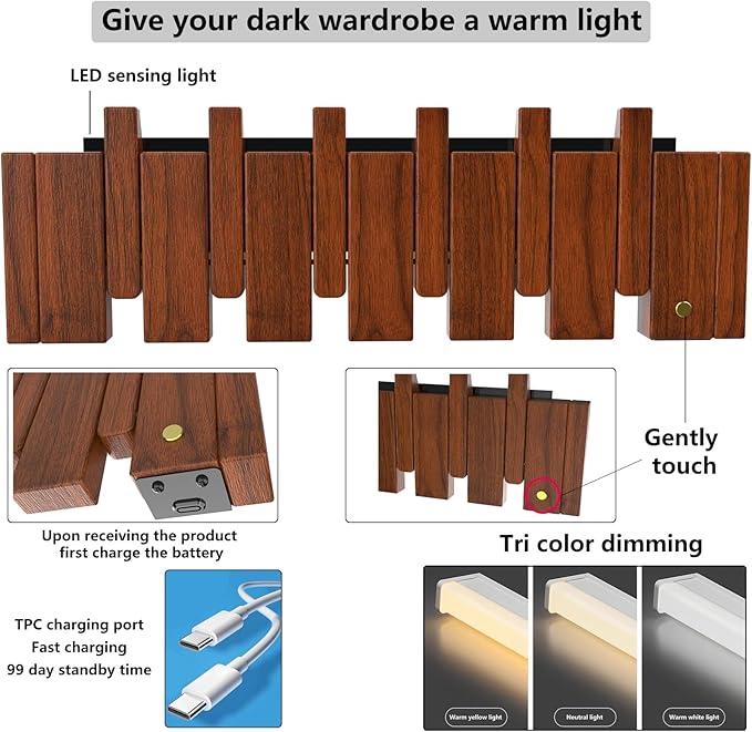 Wall Mounted Piano Key Hanger | Flip Style Hook | Entrance Wall Art Hook, Made of Oak Wood (3 Times Painted, 4 Times Polished) (LED Walnut, 12Hooks)