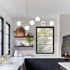 KCO Lighting Modern Globe Linear Chandelier 6 Light Milk Glass Chandeliers White and Gold Pendant Light Fixture Mid Century Rectangle Chandelier Brass Sputnik Island Lights for Kitchen