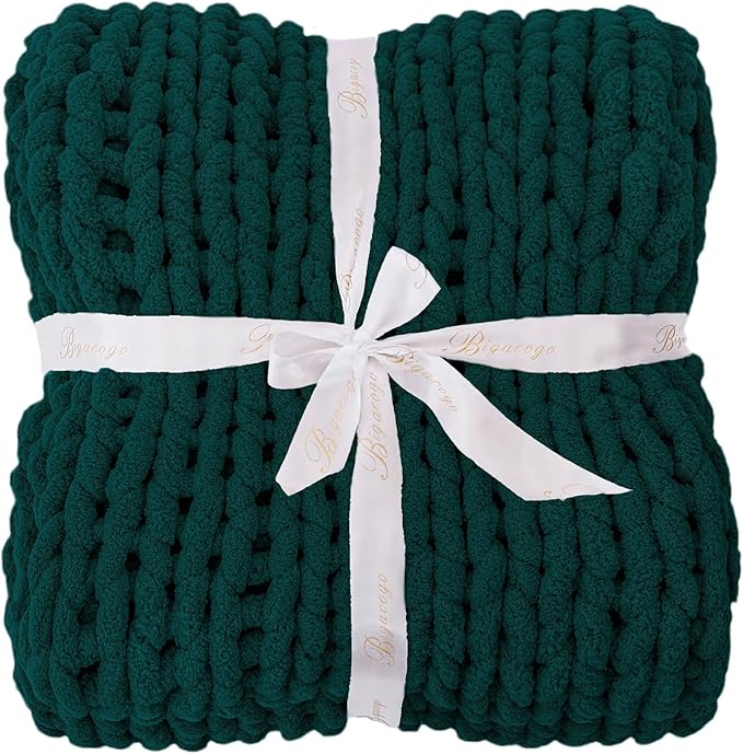 Bigacogo Chunky Knit Throw Blanket for Couch, 51x63 inches, 100% Hand Knitted with Thick Jumbo Chenille Yarn, Cozy Soft Large Rope Knot Cable Crochet Blankets for Sofa Bed Living Room, Dark Green