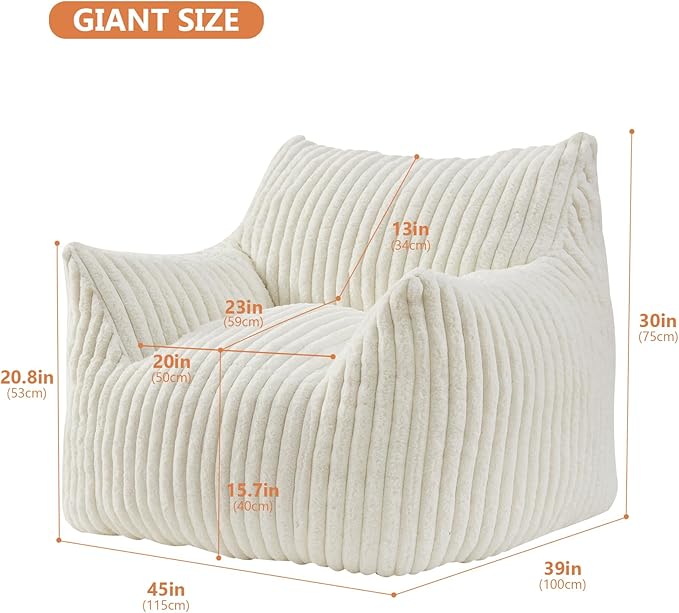 Giant Bean Bag Chairs for Adults with Filling Plush Fluffy Bean Bag Chairs for Teens with Armrests Comfy BeanBag Lazy Couch Sofa Chair for Bedroom Living Room Reading