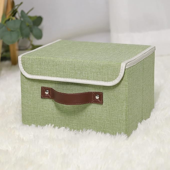 ANMINY 4PCS Storage Bins with Lid PU Leather Handles Storage Boxes PP Plastic Board Decorative Foldable Lidded Cotton Linen Fabric Home Cubes Baskets Closet Organizer Containers - Green, Small Size