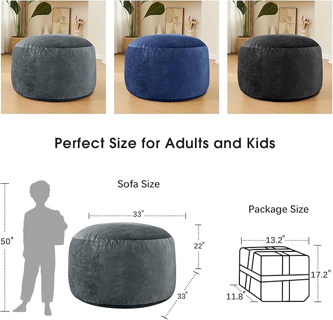 3 Feet Bean Bag Chair - BeanBag Chairs for Adults, Living Room Furniture Sofa with Soft Micro Fiber Cover, Round Fluffy Couch for Bedroom College Dorm - Grey
