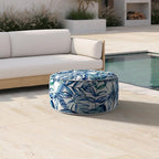 Inflatable Ottoman Stool D21 xH9 for Outdoor/Indoor Use, Water Repellent Patio Foot Rest Stool with Portable Handle,Round Pouf Ottoman Suitable for Garden,Deck and Camping - Leaves Ink Blue
