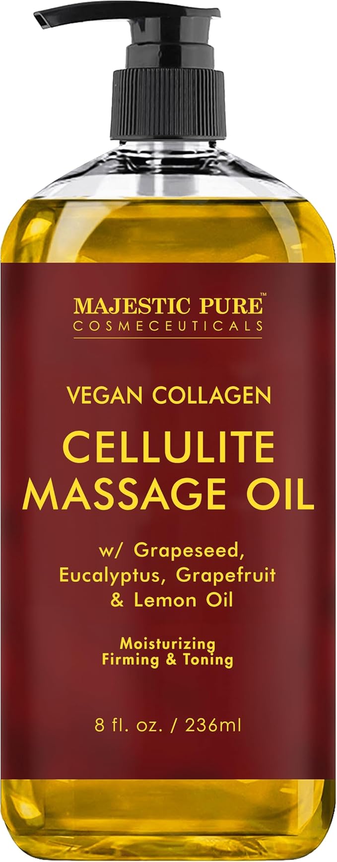 Majestic Pure Anti Cellulite Massage Oil for Massage Therapy - Refreshing, and Relaxing - Natural Oils with Vegan Collagen, Stem Cells & Cellulite Cream - All Skin Types - Men and Women - 8 fl oz