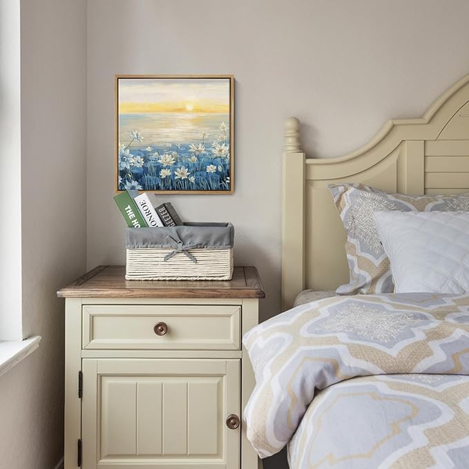 Bathroom Decor Wall Art-Framed Canvas Wall Art Modern Beach Coastal Floral Sunset Boho Ocean Artwork Blue Yellow Lotus Flower Zen Wall Picture for Bedroom Kitchen Office Small