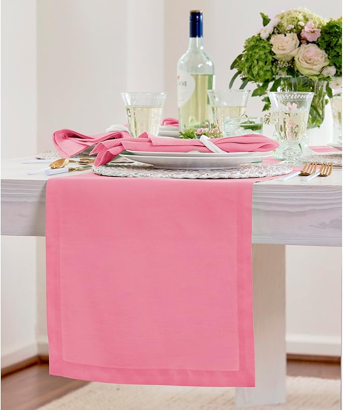 Solino Home Linen Pink Carnation Table Runner 48 Inches - 100% Pure Linen Short Table Runner 14 x 48 Inch Ideal for Dresser and Coffee Tables - Halloween - Fete