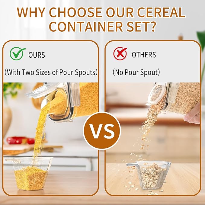 Cereal Containers Storage Set (4L / 135.2oz), 6PCS Airtight Food Storage Containers with Lids, Cereal Dispensers for kitchen Pantry Organizers and Storage with Pour Spout, 20 Labels, Marker