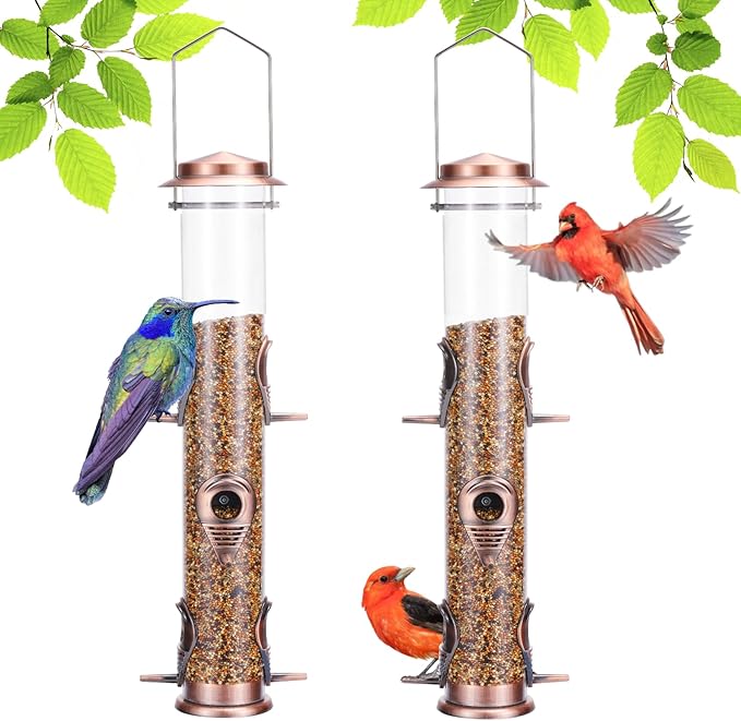 MIXXIDEA 2PK Metal Wild Bird Feeder Squirrel Proof for Outside Hanging - 6 Port Tube Transparent Finch Feeder With Steel Hanger (Antique Copper)