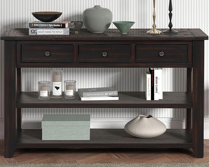 Solid Wood Console Table,Sofa Table with Storage Drawers and Bottom Shelf,Entryway Table for Entry Hallway Foyer,Fully Assembled (48.8" Distressed Black)