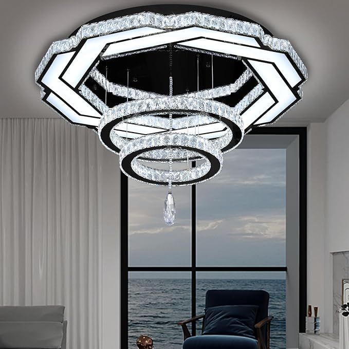 Flashing God Dia 32" Modern Crystal Chandelier Crystal Black Ceiling Light Fixtures LED Flush Mount Ceiling Light for Living Room Bedrooms Dining Room Dimmable 2700k- 6000k