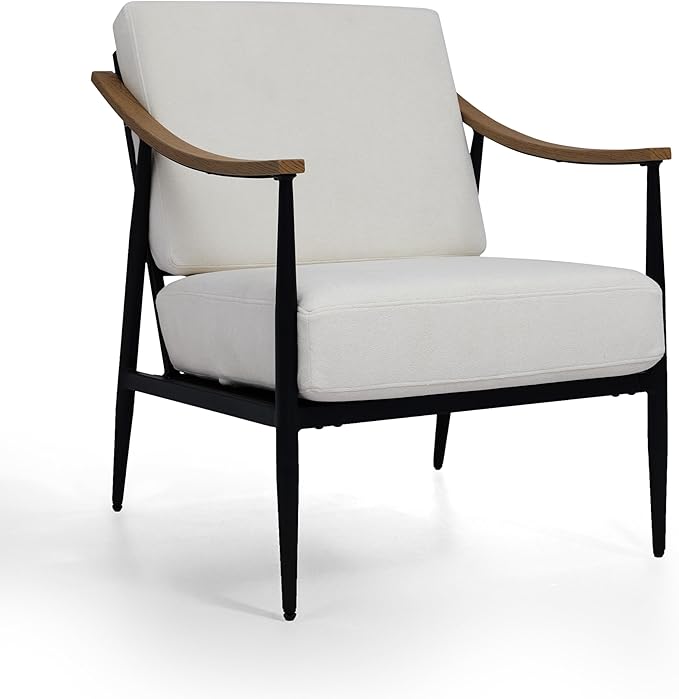 Modern Accent Chair for Living Room Bedroom Mid Century Arm Chair Upholstered Office Accent Chair Comfy Waiting Room Chair with Metal Frame, Cream White