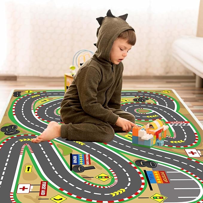 Kids Rug Play mat Playroom Rugs Car Rugs for Kids Toy Cars Race Track for Classroom Rug (Race-Brown, 3.3x4.9ft)