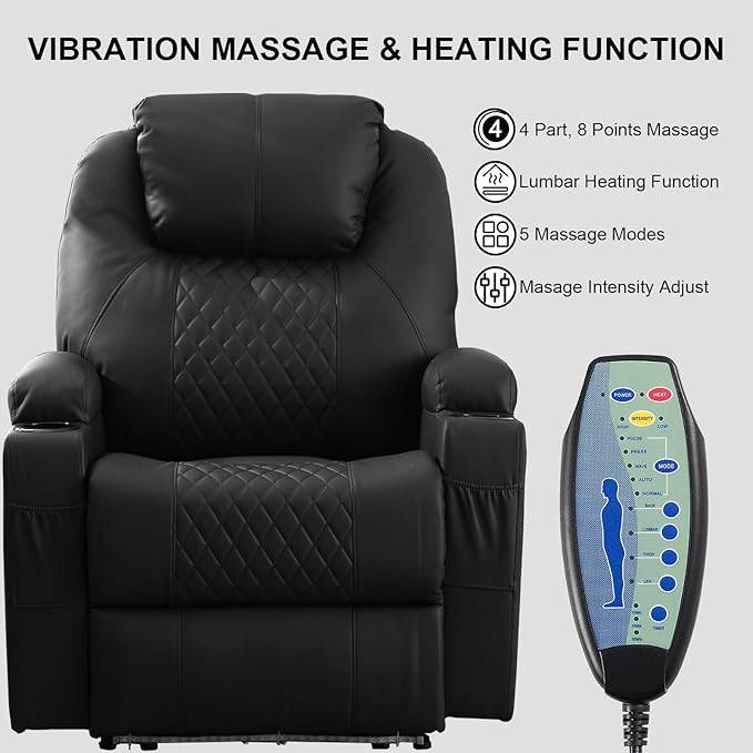 Power Recliner Chair with Heat and Massage, PU Leather Home Theater Seating with LED Lights/Cup Holders/Side Pocket/USB Port, Reclining Sofa Chair for Living Room (1, Black)