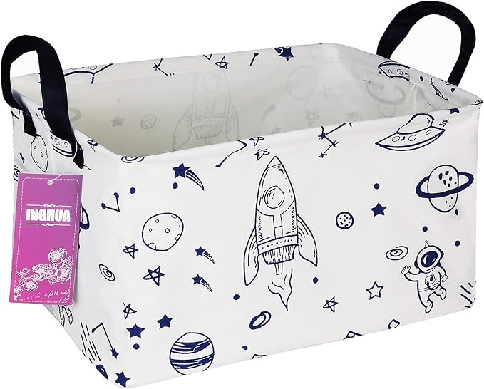 Rectangular Storage Basket Fabric Organizer Bin for Toys,Books,Clothes,Gifts,Pets-Perfect for Home,Office,Nursery,Dorm,Shelf(Rec Spaceships)
