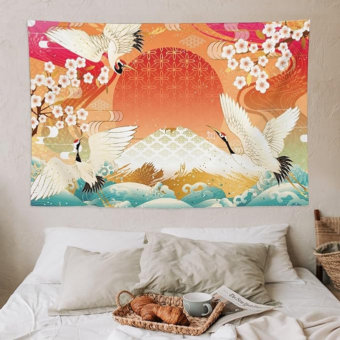 HZOHNAGO Japanese Tapestry Cherry Blossom Crane Sea Wave Fuji Mountain Red Sun Pattern Printed Wall Tapestry Painting Wall Hanging for Bedroom Living Room Dorm 60" W x 40" H