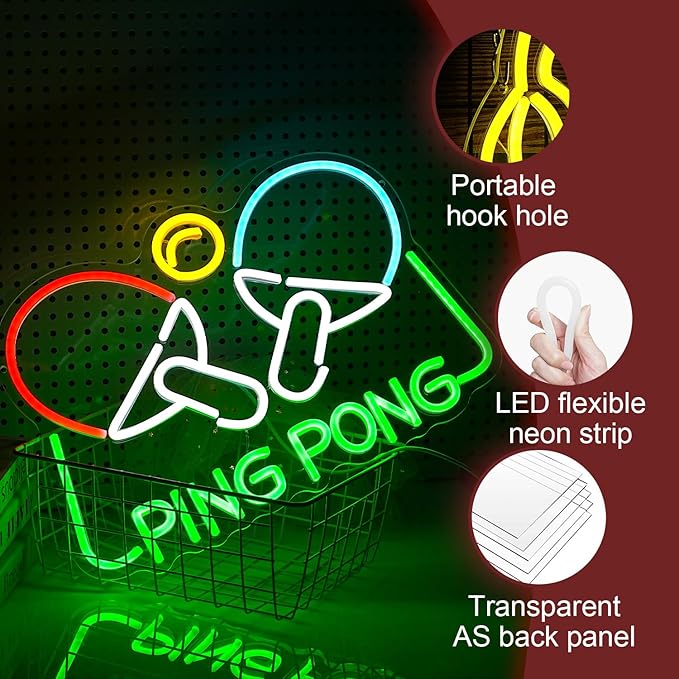 Ping Pong Neon Sign Table Tennis LED Light Up Sign for Wall Decor 16.5*11.4 In USB Dimmable Ping Pong Neon Light for Gymnasium Game Room Bedroom Gift for Table Tennis Enthusiasts(Multicolored)