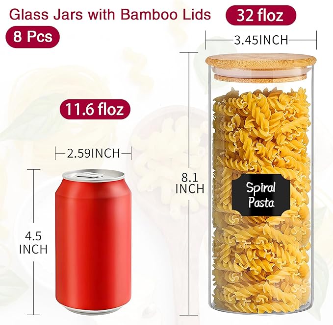 32 oz 8 Pcs Glass Jars with Bamboo Lids, Stackable Clear Food Storage Jars, Airtight Kichen Glass Pantry Storage Containers with Lids for Rice, Candy, Sugar, Flour, Nuts, Cookie, Coffee Bean