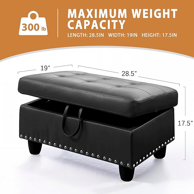 Ottoman Rectangular Storage Ottoman Bench, Faux Leather Footrest, Coffee Table, Stool Footstool with Hinged Lid for Living Room, Bedroom, Entryway, Black, 28.5"x19"x17.5"