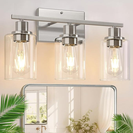3-Light Bathroom Light Fixtures, Brushed Nickel Vanity Lights with Clear Glass Shades, Modern Bathroom Wall Lamp for Mirror Living Room Cabinet Bedroom Porch