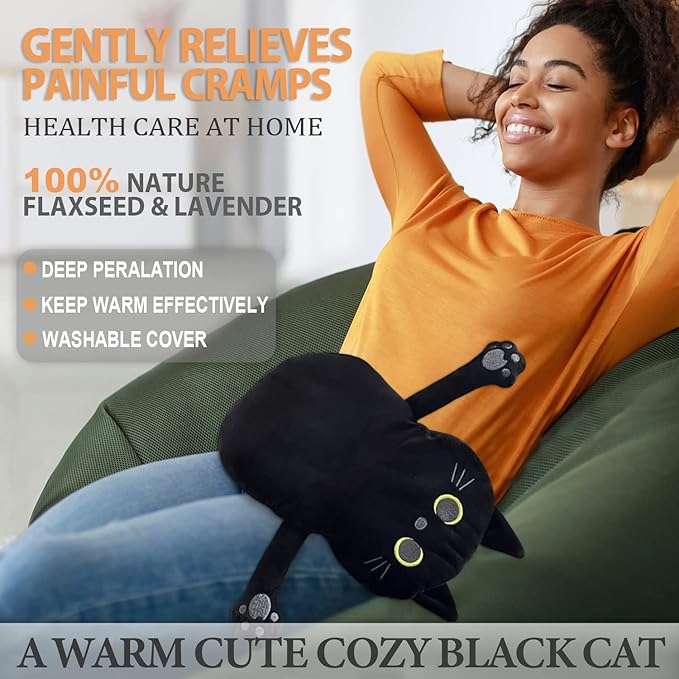 Large Microwave Heating Pad with Washable Cover 21 * 12" Microwavable Heating Pads for Cramps, Back, Neck Shoulder Pain Relief, Cordless Weighted Moist Heat Pack, Black Cat