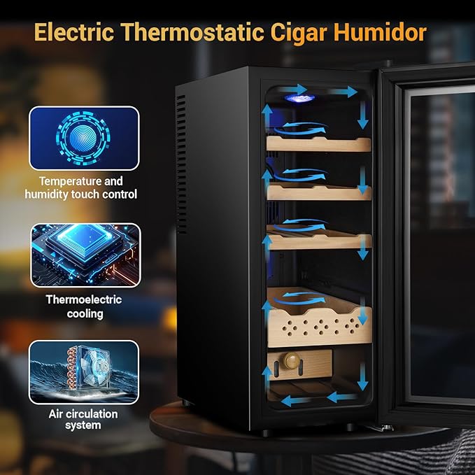 Cigar Electric Humidor, 35L 250 Counts Large Capacity Thermostatic Electric Cigar Cooler Cabinet with Digital LED Screen, Safety Lock,Smart Humidity & Temp Control, Gifts for Men