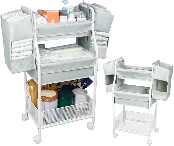 Moteph Rolling Utility Cart with Side Storage - Diaper Organizer, Nursery Essentials, and Craft Organizer (with_Side_Storage)