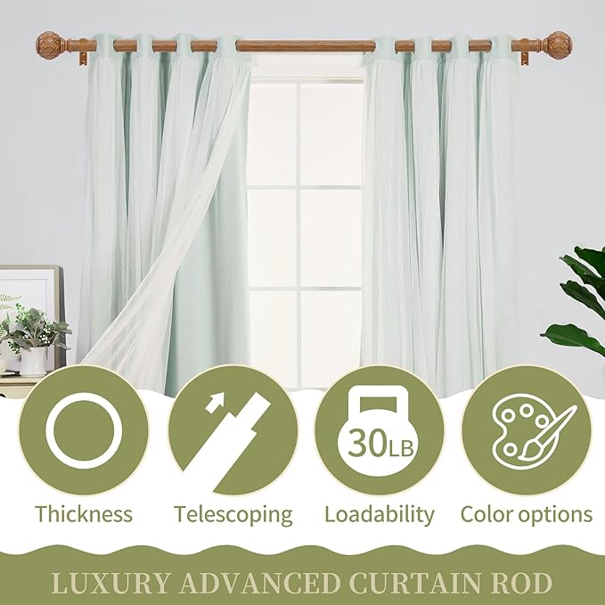Wood Curtain Rods for Windows 66 to 120 Inch(5.5-10ft),1 Inch Adjustable Curtain Rod,Heavy Duty Curtain Rods,Wooden Netted Texture Drapery Rods,Single Window Curtain Rod 66-120",Brown Wood