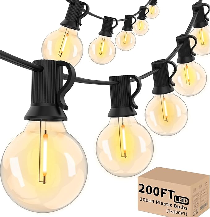 Svater Outdoor String Lights 200 FT, Patio Lights with 104 Shatterproof LED Bulbs, Commercial Grade Waterproof Plastic Hanging Light for Bistro Backyard Cafe Market, Warm White 2700K (2 X 100 FT)