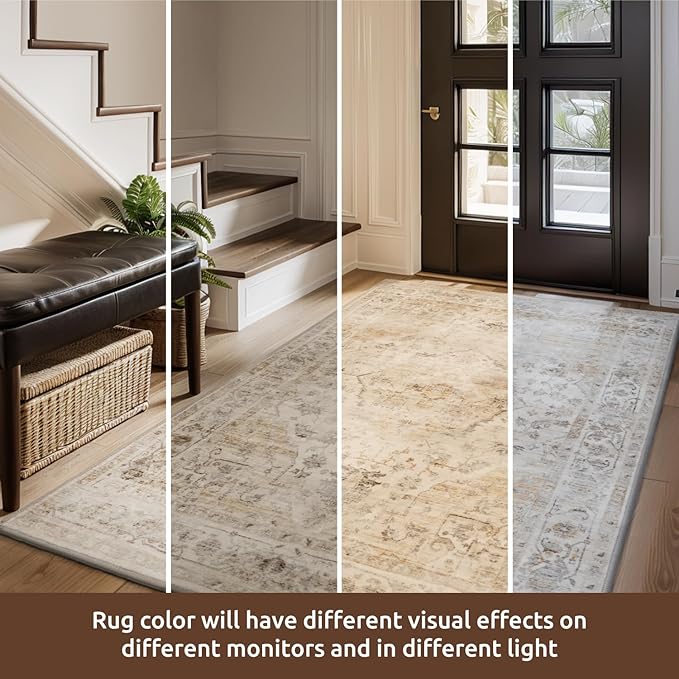 AMOAMI-Area Rug 6X9 Rugs for Living Room-Vintage Soft Beige Rugs for Bedroom-Non Slip Carpet-Machine Washable Rug for Dining Room Living Room Bedroom Office Under Table