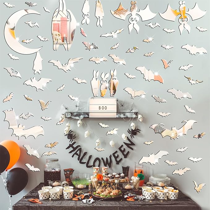 Easma Halloween Bats Wall Stickers 3D Scary Bats Decor for Door Decals Haunted House Party Decorations Silver Removable Halloween Wall Decal Peel and Stick for Kids Baby Bedroom Bathroom Playroom