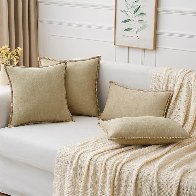 MIULEE Pack of 2 Couch Throw Pillow Covers 12x20 Inch Beige Farmhouse Decorative Pillow Covers with Stitched Edge Soft Chenille Solid Dyed Spring Pillow Covers for Sofa Bed Living Room