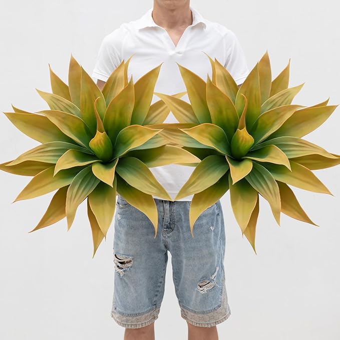Artificial Plants Outdoor Faux Plant,Artificial Agave Faux Hostas Outdoor Uv Resistant Artificial Plants Indoor Fake Plant Artificial Agave Plant Indoor(2pcs, 28") Yellow