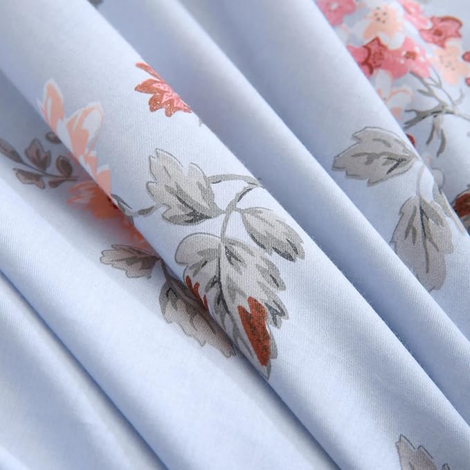 ABREEZE Floral Duvet Cover Queen Size Set Bird Flowers Bedding Set 100% Brushed Cotton Bedding Collection 1 Duvet Cover with 2 Pillowcases Grey