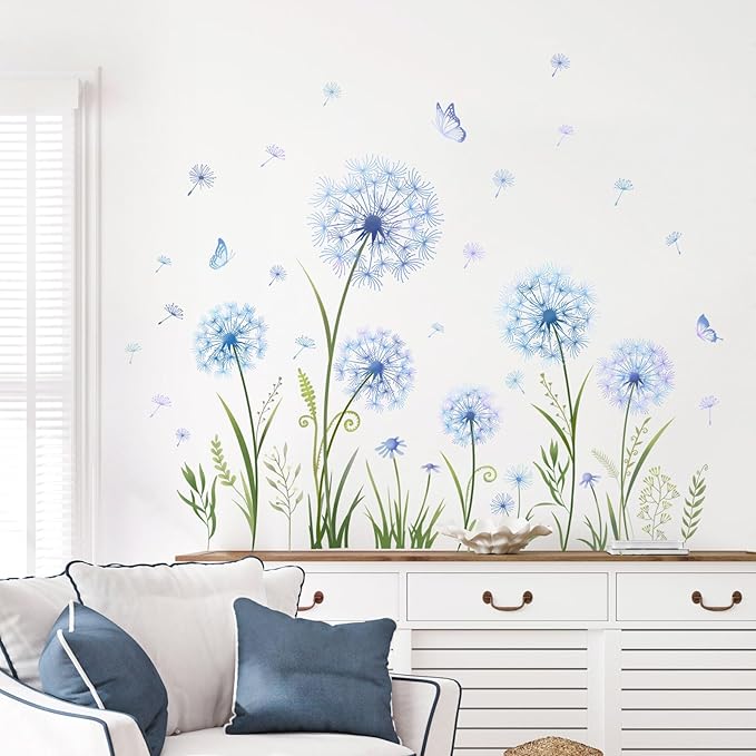 Dandelion Flower Butterfly Wall Decals Blue Dandelion Plants Floral Wall Stickers Peel and Stick Vinyl Wall Art Decor for Living Room Bedroom Office TV Sofa Backdrop Home Decor Gifts for Mom