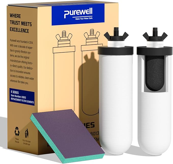 Purewell PF-4 Ceramic 3-Stage Purification Elements, Washable & Reusable, NSF/ANSI 42&372 Certified, Replacement for ProOne®, Berkey®, Purewell® Filters and Water Filter Systems (2 Pack, K Series)