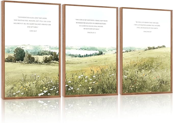 KAIRNE Scripture Christian Canvas Wall Art,Bible Verse Prints Set of 3(16”X24”),Modern Scripture Floral Wall Decor,Framed Green Countryside Field Paintings for Living Room Bedroom Ding Room Decor