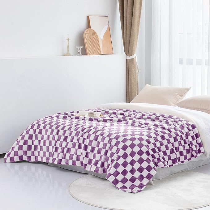 LOMAO Throw Blankets Flannel Blanket with Checkerboard Grid Pattern Soft Throw Blanket for Couch, Bed, Sofa Luxurious Warm and Cozy for All Seasons (Purple, 60"x80")