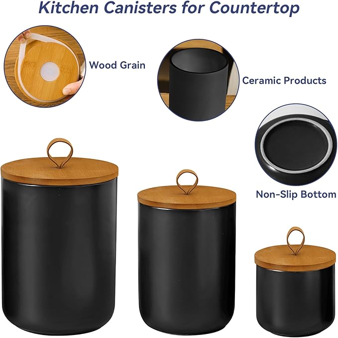 Ceramic Storage Jars, Modern Elegant Highly Polished Airtight Gorgeous Storage Canisters with Wooden Lid Small Food Stroage Jar for Kitchen Spice Tea Vanilla Sugar Coffee Beans (Black tuba)
