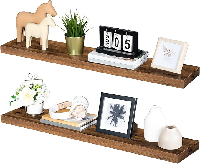 HOOBRO Floating Shelves for Wall, Wall Mounted Shelf Set of 2, 39.4" Hanging Shelf with Invisible Brackets, for Wall Bathroom, Bedroom, Toilet, Kitchen, Livingroom, Office, Rustic Brown BF100BJP201G2