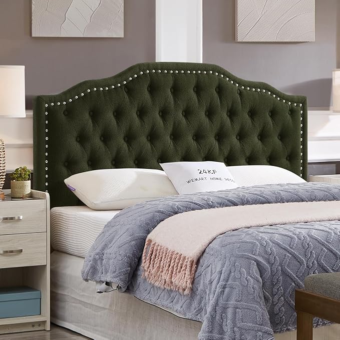 24KF Upholstered Button Tufted Queen Headboard with Nailhead Trim, Elegant Boucle Fabric Full headboard, 6031-Q-Boucle-Dark Green