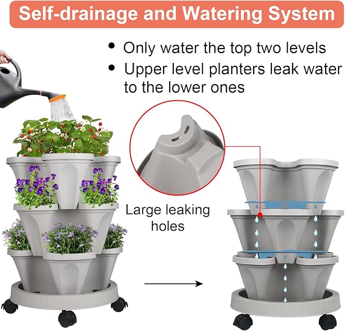 Vertical Planter 3 Tier Stackable Planters Garden Planters Strawberry Herb Flower and Vegetable Planter Indoor Outdoor Gardening Pots with Removable Wheels and Tools