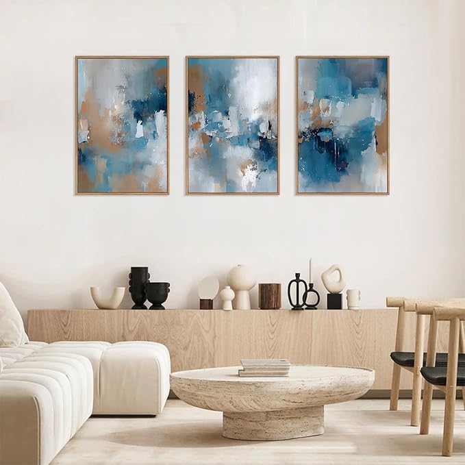 HLNIUC Large Blue Abstract Framed Canvas Wall Art,Blue and Brown Brush Strokes Wall Decor Set of 3(16”x24”)Neutral Modern Wall Painting,Watercolor Minimalist Abstract Art Print for Living Room,Bedroom