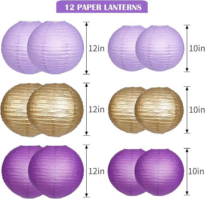 Paper Lanterns Decorative, Purple Lavender Gold Hanging Round Chinese Lanterns with Lights for Graduation Bachelorette Theme Birthday Party 12 LED Light Pack of 12