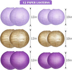 Paper Lanterns Decorative, Purple Lavender Gold Hanging Round Chinese Lanterns with Lights for Graduation Bachelorette Theme Birthday Party 12 LED Light Pack of 12