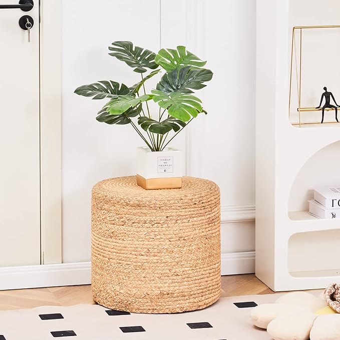 Wimarsbon 18'' Ottoman Pouf, Natural Braided Poof, Rustic Handweave Lounge Pouffe, Boho Footrest Stool for Bedroom, Accent Table or Seat for Living Room (Natural-LD)